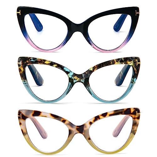 DXYXYO 3 Pack Cat Eye Reading Glasses for Women Fashion Blue Light Blocking Thick Frame Computer Readers 1.5+