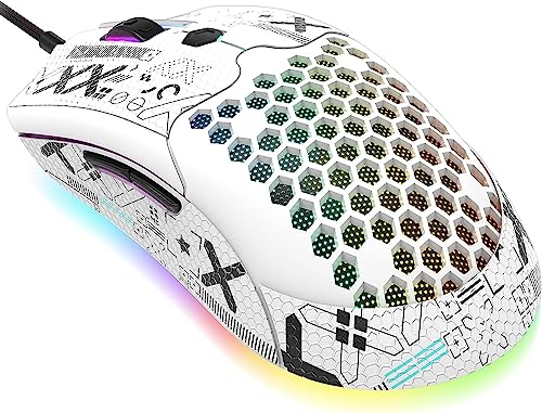 ZIYOU LANG M5 RGB Lightweight Wired Gaming Mouse with 12000 DPI 6 Programmed Buttons,65G Honeycomb Shell,Ultralight Ultraweave Cable,Pixart 3325 Optical Sensor Gamer Mice(White)