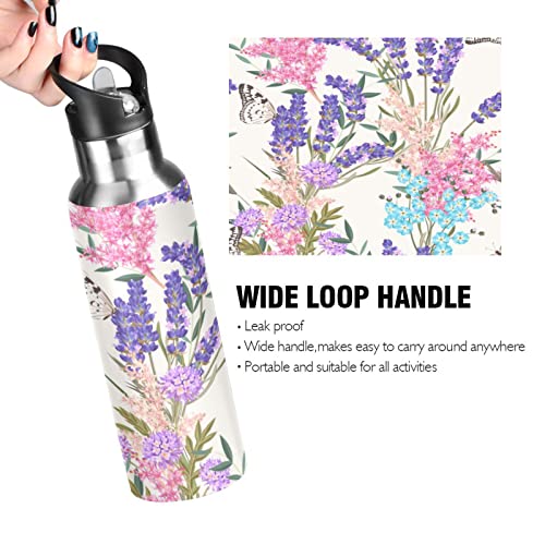 CZXW Butterfly Lavender Water Bottle Acuum Insulated Stainless Steel Leakproof Wide Mouth with Straw Lid for Fitness Gym and Outdoor Sports 34oz