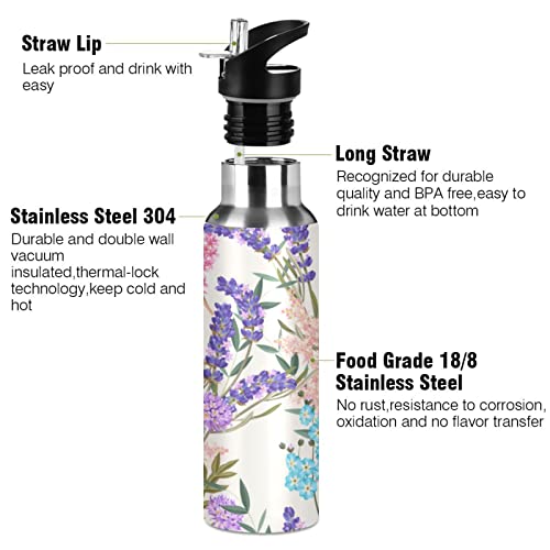 CZXW Butterfly Lavender Water Bottle Acuum Insulated Stainless Steel Leakproof Wide Mouth with Straw Lid for Fitness Gym and Outdoor Sports 34oz