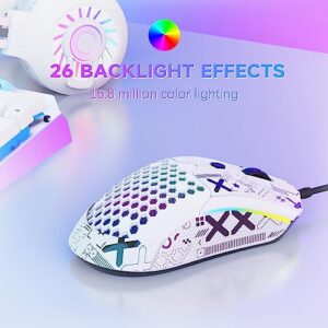 ZIYOU LANG M5 RGB Lightweight Wired Gaming Mouse with 12000 DPI 6 Programmed Buttons,65G Honeycomb Shell,Ultralight Ultraweave Cable,Pixart 3325 Optical Sensor Gamer Mice(White)