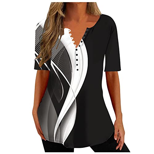 Cute Top Women Blouses Summer 2023 Graphic Tshirt Shirts Short Sleeve Dressy Blouse Loose Fit Tunic Top Button V Neck Fashion Black XL