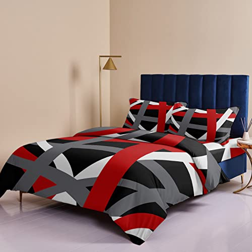 Duvet Bedding Cover Sets 4 Pieces Queen Geometric Red White Grey Stripe Bed Breathable Ultra Soft Luxury Set with Bed Sheet Bedspread Pillow Shams for Bedroom Decor Abstract Line Art on Black