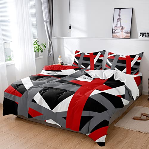 Duvet Bedding Cover Sets 4 Pieces Queen Geometric Red White Grey Stripe Bed Breathable Ultra Soft Luxury Set with Bed Sheet Bedspread Pillow Shams for Bedroom Decor Abstract Line Art on Black