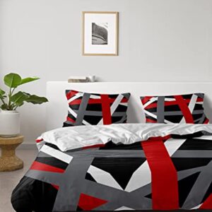 Duvet Bedding Cover Sets 4 Pieces Queen Geometric Red White Grey Stripe Bed Breathable Ultra Soft Luxury Set with Bed Sheet Bedspread Pillow Shams for Bedroom Decor Abstract Line Art on Black