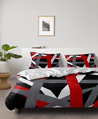 Duvet Bedding Cover Sets 4 Pieces Queen Geometric Red White Grey Stripe Bed Breathable Ultra Soft Luxury Set with Bed Sheet Bedspread Pillow Shams for Bedroom Decor Abstract Line Art on Black