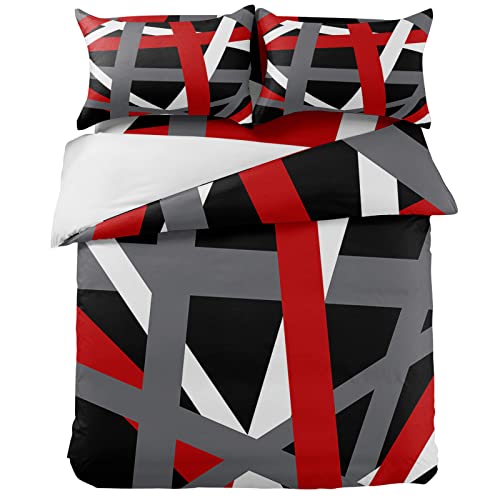 Duvet Bedding Cover Sets 4 Pieces Queen Geometric Red White Grey Stripe Bed Breathable Ultra Soft Luxury Set with Bed Sheet Bedspread Pillow Shams for Bedroom Decor Abstract Line Art on Black