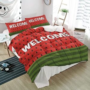 3 pieces queen bedding duvet cover sets,summer fruit watermelon texture ultra soft bed set with 2 pillow shams for bedroom green stripe and red on wood,luxury washed quilt covers for all season
