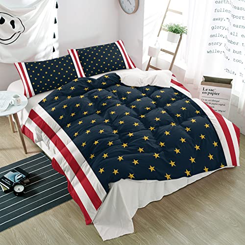 3 Pieces Twin Bedding Duvet Cover Sets,4th of July Gold Star on Navy Blue Ultra Soft Bed Set with 2 Pillow Shams for Bedroom Patriotic Red White Stripe,Luxury Washed Quilt Covers for All Season