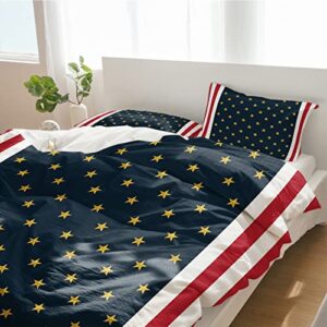 3 Pieces Twin Bedding Duvet Cover Sets,4th of July Gold Star on Navy Blue Ultra Soft Bed Set with 2 Pillow Shams for Bedroom Patriotic Red White Stripe,Luxury Washed Quilt Covers for All Season