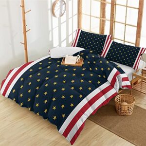 3 Pieces Twin Bedding Duvet Cover Sets,4th of July Gold Star on Navy Blue Ultra Soft Bed Set with 2 Pillow Shams for Bedroom Patriotic Red White Stripe,Luxury Washed Quilt Covers for All Season