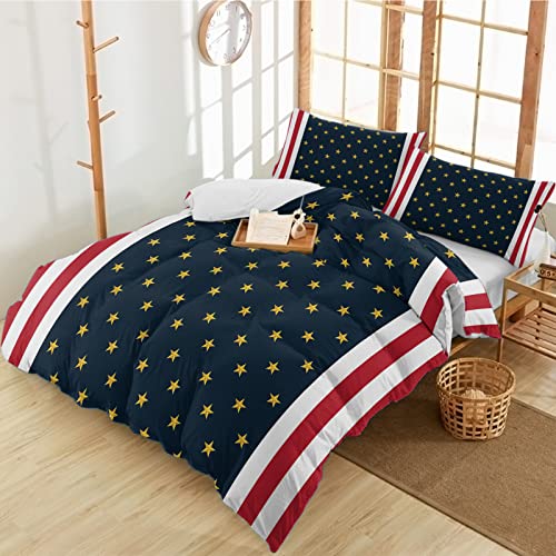 3 Pieces Twin Bedding Duvet Cover Sets,4th of July Gold Star on Navy Blue Ultra Soft Bed Set with 2 Pillow Shams for Bedroom Patriotic Red White Stripe,Luxury Washed Quilt Covers for All Season