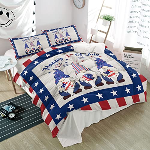 3 Pieces California King Bedding Duvet Cover Sets,Independence Day Patriotic Gnome Ultra Soft Bed Set with 2 Pillow Shams for Bedroom Star and Red White Stripe,Luxury Quilt Covers for All Season