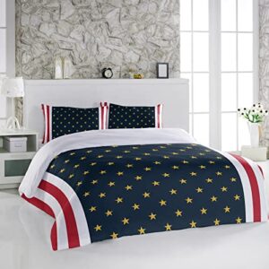 3 Pieces Twin Bedding Duvet Cover Sets,4th of July Gold Star on Navy Blue Ultra Soft Bed Set with 2 Pillow Shams for Bedroom Patriotic Red White Stripe,Luxury Washed Quilt Covers for All Season