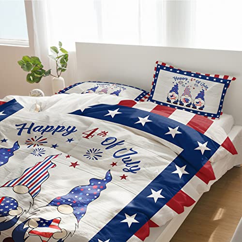 3 Pieces California King Bedding Duvet Cover Sets,Independence Day Patriotic Gnome Ultra Soft Bed Set with 2 Pillow Shams for Bedroom Star and Red White Stripe,Luxury Quilt Covers for All Season