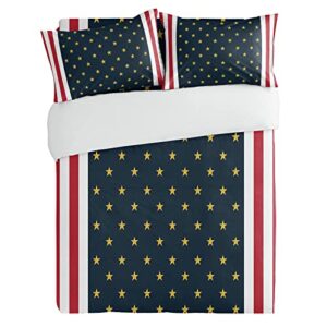 3 Pieces Twin Bedding Duvet Cover Sets,4th of July Gold Star on Navy Blue Ultra Soft Bed Set with 2 Pillow Shams for Bedroom Patriotic Red White Stripe,Luxury Washed Quilt Covers for All Season