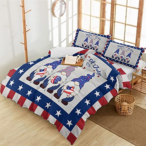 3 Pieces California King Bedding Duvet Cover Sets,Independence Day Patriotic Gnome Ultra Soft Bed Set with 2 Pillow Shams for Bedroom Star and Red White Stripe,Luxury Quilt Covers for All Season