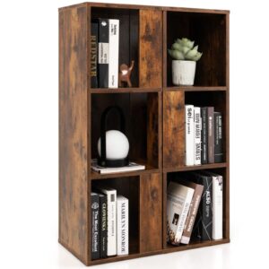 wooden 6 cube book shelf, natural 3 tier bookshelf with legs, modern open storage organizer,boho bookcase,display cabinet shelf free standing bookshelves for bedroom,living room,office (rustic brown)