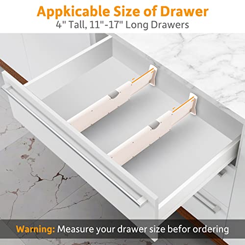 Olyzer 4 Pack Drawer Dividers Organizer, Adjustable Separators 4" High Expandable from 11-17" for Bedroom, Bathroom, Dresser, Office, Kitchen Storage, Clothing, Strong Secure Hold, Foam Ends