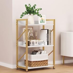 futrwore small bookshelf for small spaces, 3 tier bookcase, narrow gold book shelf, small shelf open display rack for bedroom, living room, home office,white&gold