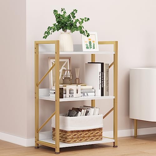 FUTRWORE Small Bookshelf for Small Spaces, 3 Tier Bookcase, Narrow Gold Book Shelf, Small Shelf Open Display Rack for Bedroom, Living Room, Home Office,White&Gold