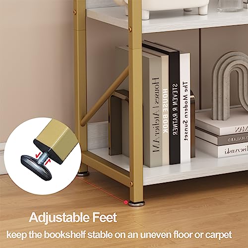 FUTRWORE Small Bookshelf for Small Spaces, 3 Tier Bookcase, Narrow Gold Book Shelf, Small Shelf Open Display Rack for Bedroom, Living Room, Home Office,White&Gold