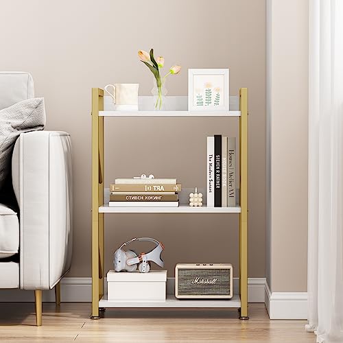 FUTRWORE Small Bookshelf for Small Spaces, 3 Tier Bookcase, Narrow Gold Book Shelf, Small Shelf Open Display Rack for Bedroom, Living Room, Home Office,White&Gold