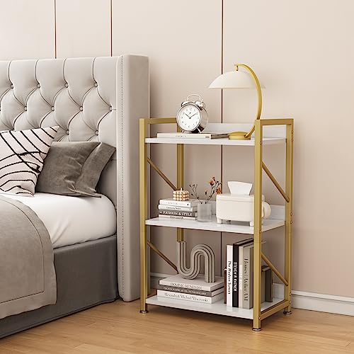 FUTRWORE Small Bookshelf for Small Spaces, 3 Tier Bookcase, Narrow Gold Book Shelf, Small Shelf Open Display Rack for Bedroom, Living Room, Home Office,White&Gold