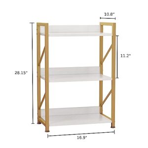 FUTRWORE Small Bookshelf for Small Spaces, 3 Tier Bookcase, Narrow Gold Book Shelf, Small Shelf Open Display Rack for Bedroom, Living Room, Home Office,White&Gold