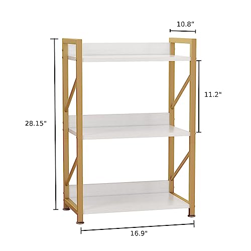 FUTRWORE Small Bookshelf for Small Spaces, 3 Tier Bookcase, Narrow Gold Book Shelf, Small Shelf Open Display Rack for Bedroom, Living Room, Home Office,White&Gold