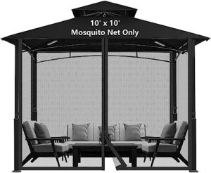 dhyazqfit mosquito net for outdoor gazebo canopy 4-panel canopy screen wall with zipper for 10 x 10' patio gazebo and tent (mosquito net only) 10' x 10' black
