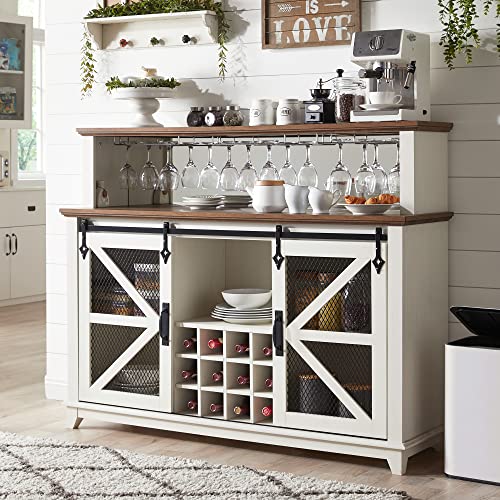 OKD Coffee Bar Cabinet with Storage, 55" Farmhouse Kitchen Buffet Sideboard w/Sliding Barn Door & Adjustable Shelves, Home Liquor Cabinet w/LED Lights & Wine Racks for Dining Room, Antique White