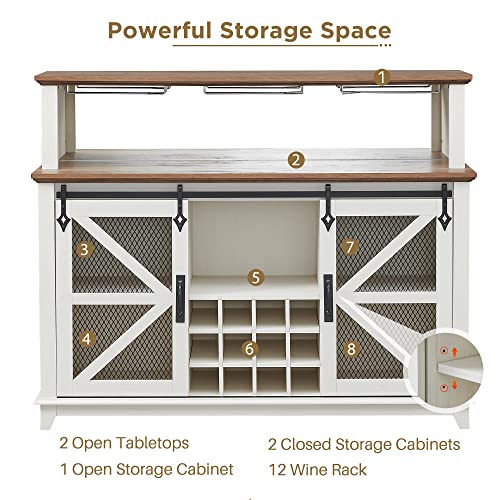 OKD Coffee Bar Cabinet with Storage, 55" Farmhouse Kitchen Buffet Sideboard w/Sliding Barn Door & Adjustable Shelves, Home Liquor Cabinet w/LED Lights & Wine Racks for Dining Room, Antique White