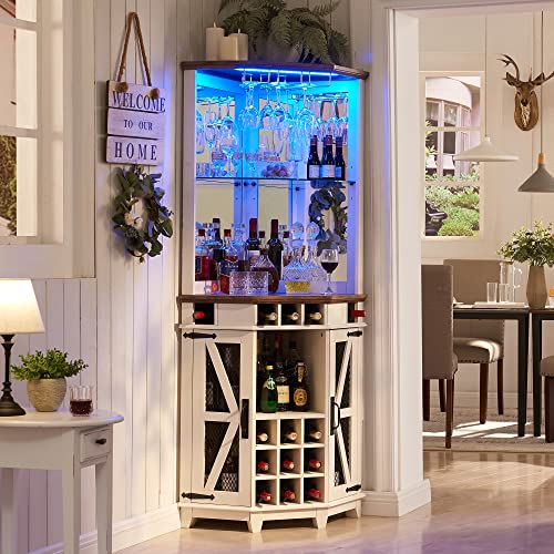 OKD Corner Bar Storage Cabinet, 72" Tall Farmhouse Wine Bar Cabinet w/Barn Door & Adjustable Shelves, Home Bar Cabinet w/LED Lights & Glass Rack for Dining Room, Living Room, Kitchen, Antique White