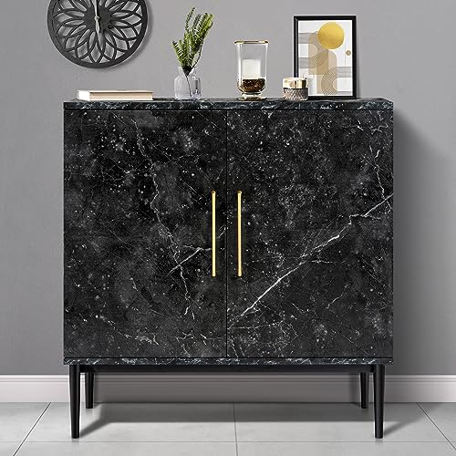 REHOOPEX Storage Cabinet, Modern Buffet Cabinet, Free Standing Sideboard and Buffet Storage with Door, Wood Cabinet for Bedroom, Living Room, Kitchen, Office or Hallway (1, Black Marble Pattern)