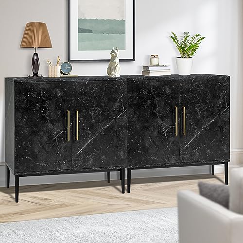 REHOOPEX Storage Cabinet, Modern Buffet Cabinet, Free Standing Sideboard and Buffet Storage with Door, Wood Cabinet for Bedroom, Living Room, Kitchen, Office or Hallway (1, Black Marble Pattern)