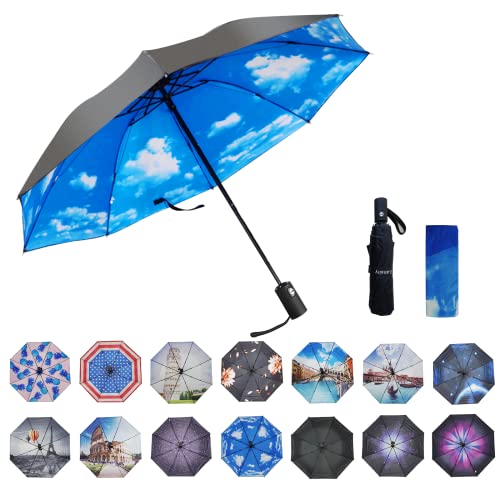 LLanxiry Umbrella Small Compact Travel Umbrellas for Rain Mini Folding Portable Automatic Open/Close Umbrella for Man/Women (High clouds)