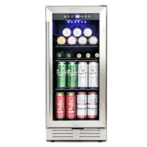 iocciobb mini fridge 15" mini beverage refrigerator/wine cabinet, 120 cans, 34-65°f, quiet, adjustable shelves, led lighting, etl, touch controls, defrost, double glass door, kitchen/bar/office