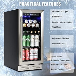 IOCCIOBB Mini Fridge 15" Mini Beverage Refrigerator/Wine Cabinet, 120 Cans, 34-65°F, Quiet, Adjustable Shelves, LED Lighting, ETL, Touch Controls, Defrost, Double Glass Door, Kitchen/Bar/office