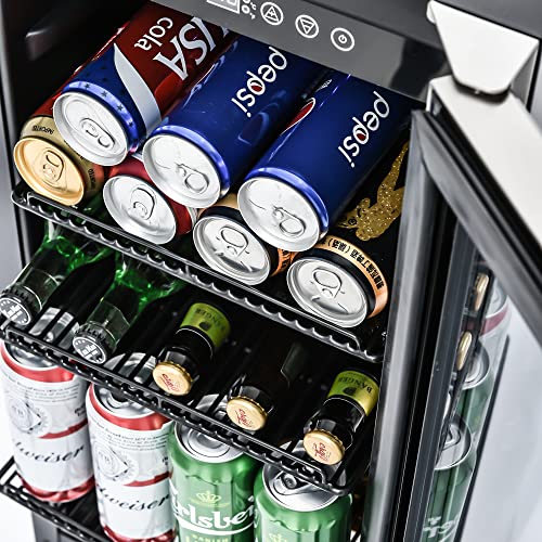 IOCCIOBB Mini Fridge 15" Mini Beverage Refrigerator/Wine Cabinet, 120 Cans, 34-65°F, Quiet, Adjustable Shelves, LED Lighting, ETL, Touch Controls, Defrost, Double Glass Door, Kitchen/Bar/office