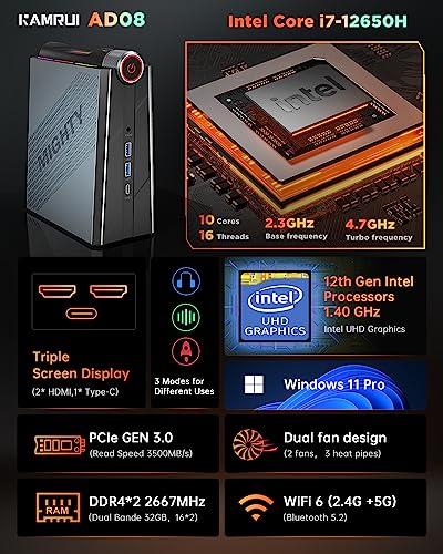 KAMRUI Intel Core i7-12650H Mini Gaming PC, 32GB DDR4 Dual Channel 512GB M.2 NVME SSD, Mini Tower PC Windows 11 Pro with 4K Triple Display, Type C, WiFi 6, BT 5.2, Mini Desktop Computer for Office