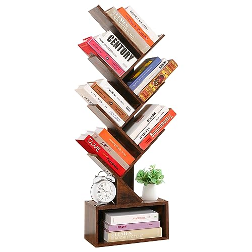 HXXUYY 6 Tier Tree Bookshelf Free Standing Bookcase Rust Brown Storage Book Self for Books,Albums,CDs,Magazines, Wooden Morden Book Storage Rack Display for Office/Livingroom/Bedroom