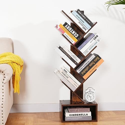 HXXUYY 6 Tier Tree Bookshelf Free Standing Bookcase Rust Brown Storage Book Self for Books,Albums,CDs,Magazines, Wooden Morden Book Storage Rack Display for Office/Livingroom/Bedroom