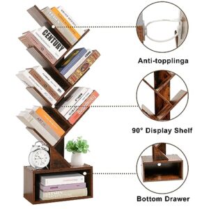 HXXUYY 6 Tier Tree Bookshelf Free Standing Bookcase Rust Brown Storage Book Self for Books,Albums,CDs,Magazines, Wooden Morden Book Storage Rack Display for Office/Livingroom/Bedroom