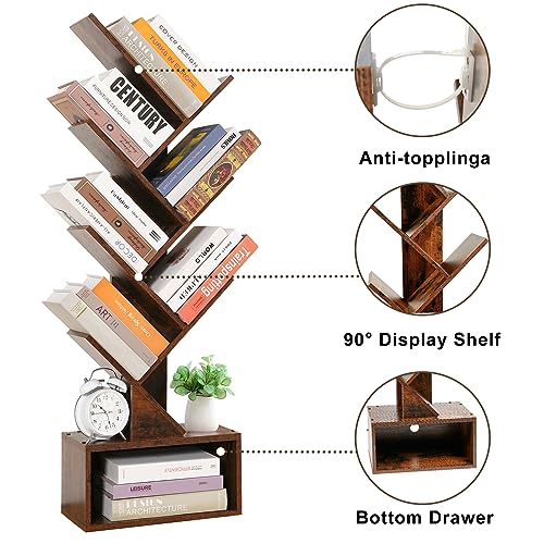 HXXUYY 6 Tier Tree Bookshelf Free Standing Bookcase Rust Brown Storage Book Self for Books,Albums,CDs,Magazines, Wooden Morden Book Storage Rack Display for Office/Livingroom/Bedroom