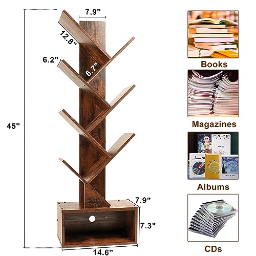 HXXUYY 6 Tier Tree Bookshelf Free Standing Bookcase Rust Brown Storage Book Self for Books,Albums,CDs,Magazines, Wooden Morden Book Storage Rack Display for Office/Livingroom/Bedroom