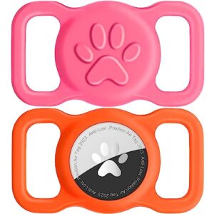 joytale 2 pack airtag dog collar holder, elastic silicone air tag holder for dogs and cats, light and durable apple airtag holder with slide-on loop(hot pink/orange)