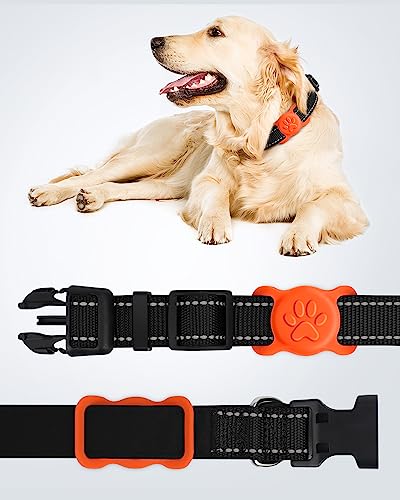 Joytale 2 Pack Airtag Dog Collar Holder, Elastic Silicone Air Tag Holder for Dogs and Cats, Light and Durable Apple Airtag Holder with Slide-On Loop(Hot Pink/Orange)