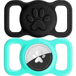 joytale 2 pack airtag dog collar holder, elastic silicone air tag holder for dogs and cats, light and durable apple airtag holder with slide-on loop(black/mint)