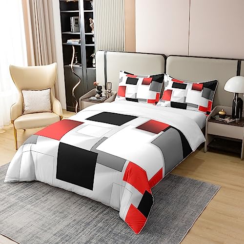 jejeloiu Cotton Duvet Cover Black Red Gray Geometry Duvet Cover Twin Size Cotton Kids Grid Buffalo Check Bedding Set for Women Men Rectangle Pattern Comforter Cover Set Soft Abstract Bedspread Cover